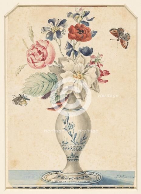 Vase with flowers and a grey-yellow butterfly, 1800-1900. Creator: LW Garrison.
