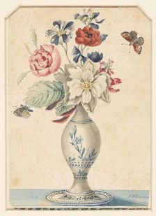 Vase with flowers and a grey-yellow butterfly, 1800-1900. Creator: LW Garrison