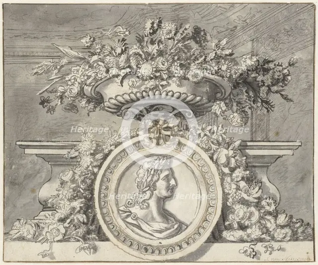 Vase with flowers, and a medallion, c.1692-c.1749. Creator: Jan van Huysum.