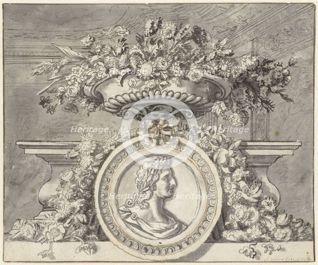 Vase with flowers, and a medallion, c.1692-c.1749. Creator: Jan van Huysum.