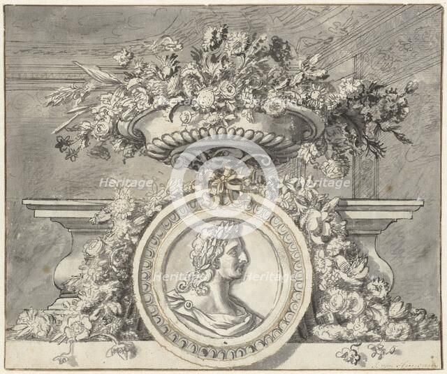 Vase with flowers, and a medallion, c.1692-c.1749. Creator: Jan van Huysum.