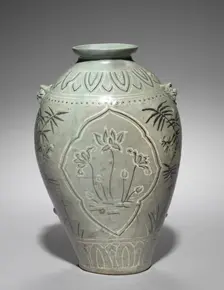 Vase with Inlaid Lotus, Plum, and Bamboo Design, 1300s. Creator: Unknown