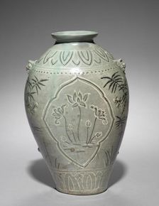 Vase with Inlaid Lotus, Plum, and Bamboo Design, 1300s. Creator: Unknown