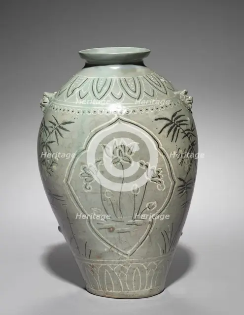 Vase with Inlaid Lotus, Plum, and Bamboo Design, 1300s. Creator: Unknown.