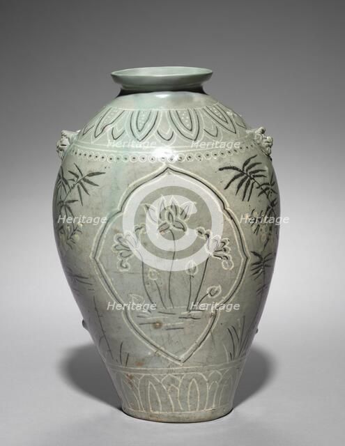 Vase with Inlaid Lotus, Plum, and Bamboo Design, 1300s. Creator: Unknown.
