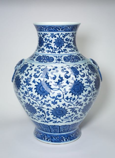 Vase with Loop Handles, Peony Scrolls, Eight Buddhist..., Qing dynasty, Qianlong reign(1736-1795). Creator: Unknown.