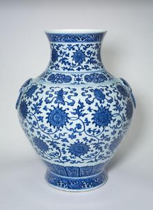 Vase with Loop Handles, Peony Scrolls, Eight Buddhist..., Qing dynasty, Qianlong reign(1736-1795). Creator: Unknown