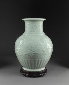 Vase with relief decoration of scrolling peonies, before 1941. Artist: Miyanaga Tozan