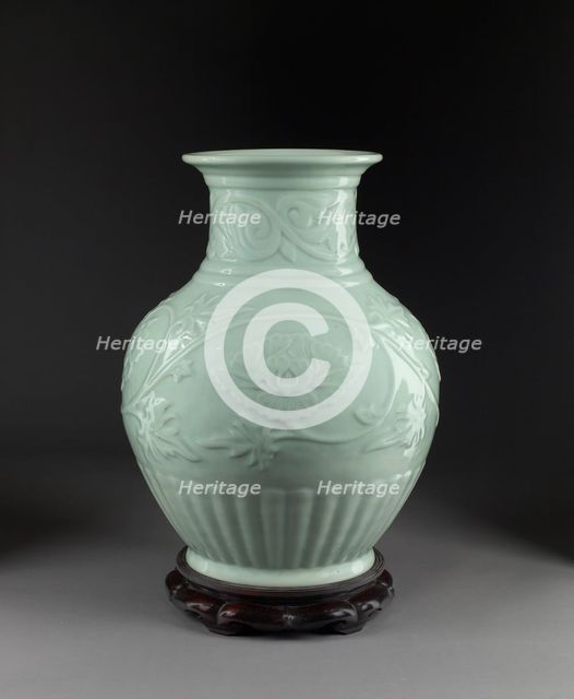 Vase with relief decoration of scrolling peonies, before 1941. Artist: Miyanaga Tozan.