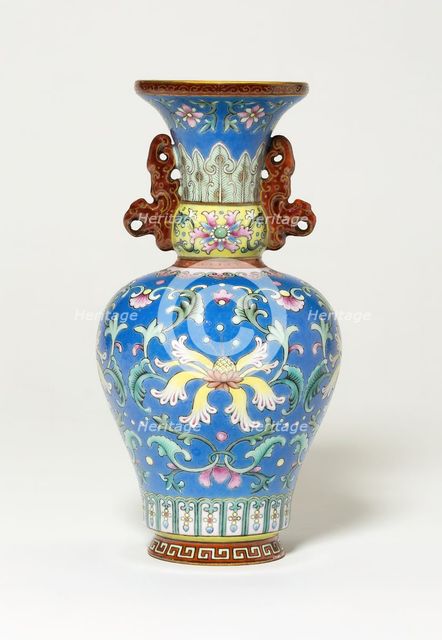 Vase with Two Tiger-Shaped Handles, Qing dynasty, Qianlong reign mark and period, late 18th century. Creator: Unknown.