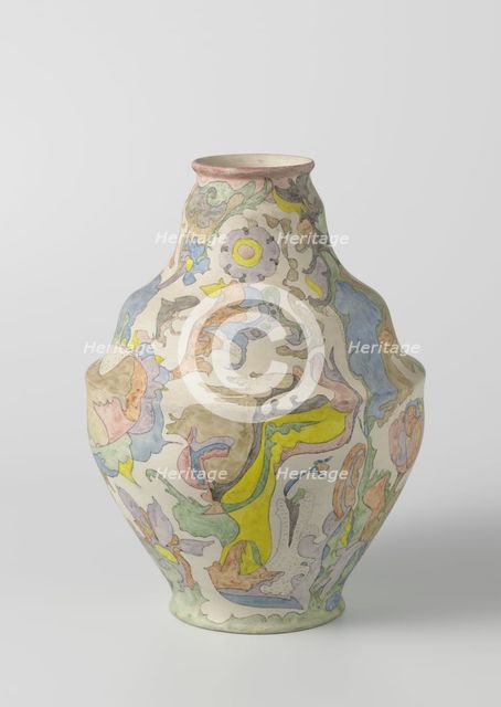 Vase with vaulted belly, polychrome painted with watercolour, c.1920-c.1922. Creator: Plateelbakkerij Zuid-Holland.