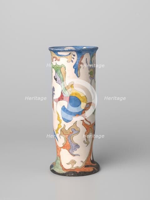 Vase, cylindrical, polychrome painted with watercolour, c.1920-c.1922. Creator: Plateelbakkerij Zuid-Holland.