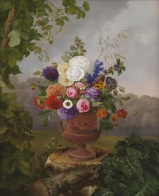 Vase in the Greek Style with Flowers, Standing on a Tree Stump, 1832. Creator: Hermania Neergaard