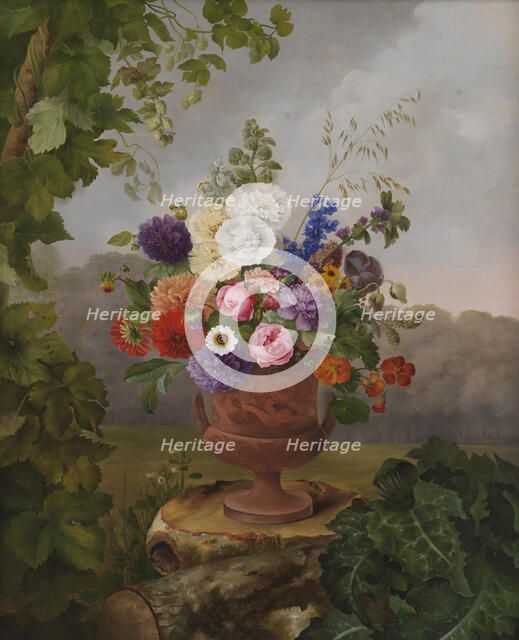 Vase in the Greek Style with Flowers, Standing on a Tree Stump, 1832. Creator: Hermania Neergaard.