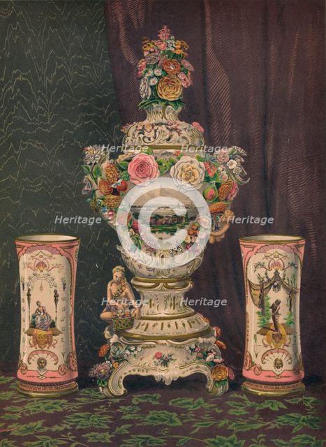'Vase of Dresden Porcelain and Pair of Porcelain Beakers', 1863.  Artist: Robert Dudley.