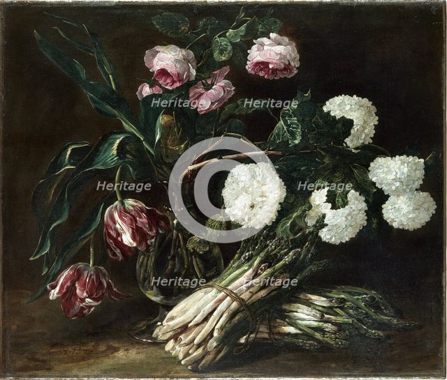 Vase of Flowers and two Bunch of Asparagus, c. 1650.
