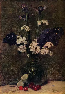 Vase of flowers, with Cherries and Almonds on the table, Nature morte; Irises, Delphinium hybrids a Artist: Henri Fantin-Latour