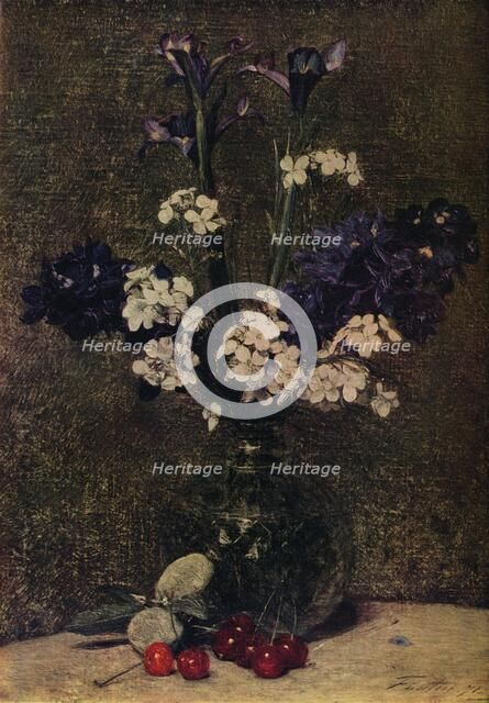 'Vase of flowers, with Cherries and Almonds on the table, Nature morte; Irises, Delphinium hybrids a Artist: Henri Fantin-Latour.