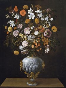 Vase of Flowers with a Triumphal Chariot seen frontally, 1643. Creator: Tomás Hiepes