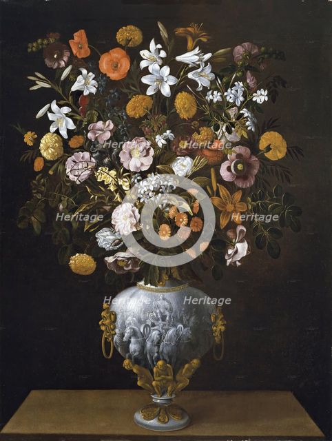 Vase of Flowers with a Triumphal Chariot seen frontally, 1643. Creator: Tomás Hiepes.