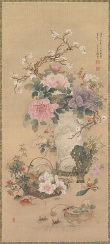 Vase of Flowers with Grasshopper, Marine Life, and Garden Rock, late 1800s. Creator: Okabe Ko (Japanese)