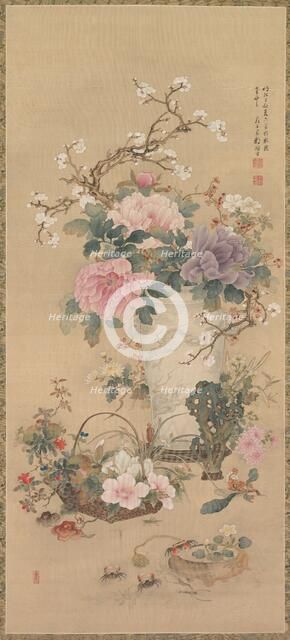 Vase of Flowers with Grasshopper, Marine Life, and Garden Rock, late 1800s. Creator: Okabe Ko (Japanese).