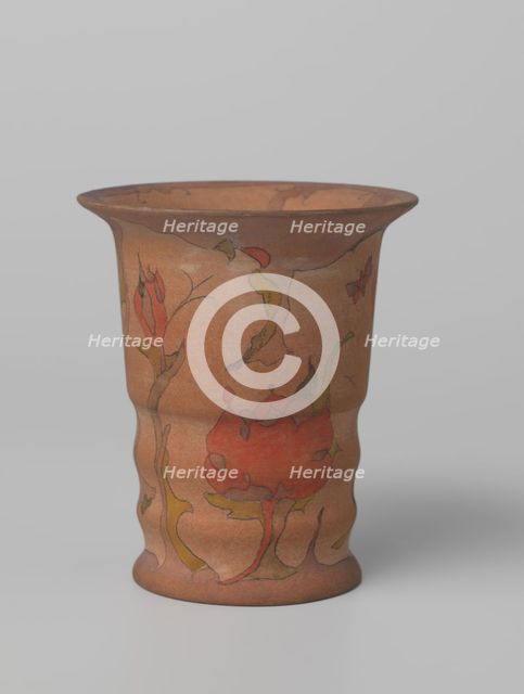 Vase polychrome painted with watercolour on light brown stock, c.1920-c.1922. Creator: Plateelbakkerij Zuid-Holland.
