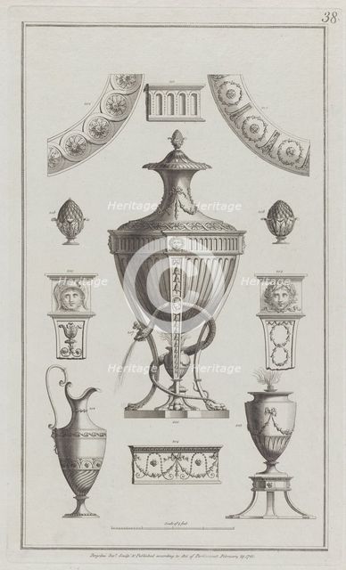 Vases and Ornament Designs, nos. 200-208 ("Designs for Various Ornaments," pl..., February 29, 1782. Creator: Michelangelo Pergolesi.