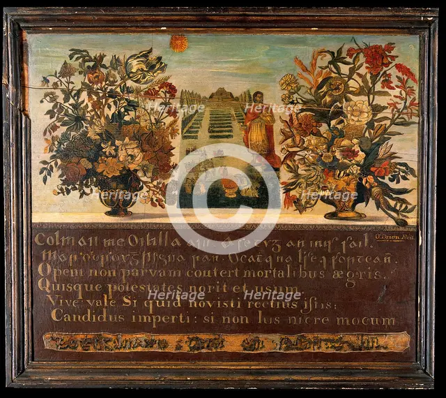 Vases of flowers and a botanic garden with Saint Peter. Creator: Thomas O'Brien.