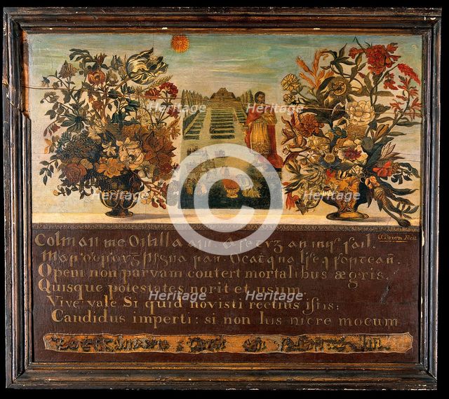 Vases of flowers and a botanic garden with Saint Peter. Creator: Thomas O'Brien.