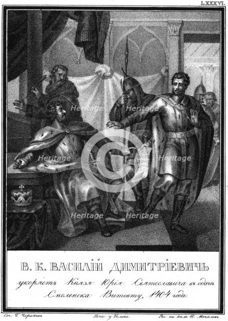 Vasily I of Moscow accuses Yuri Svyatoslavich. 1404 (From Illustrated Karamzin), 1836. Artist: Chorikov, Boris Artemyevich (1802-1866)