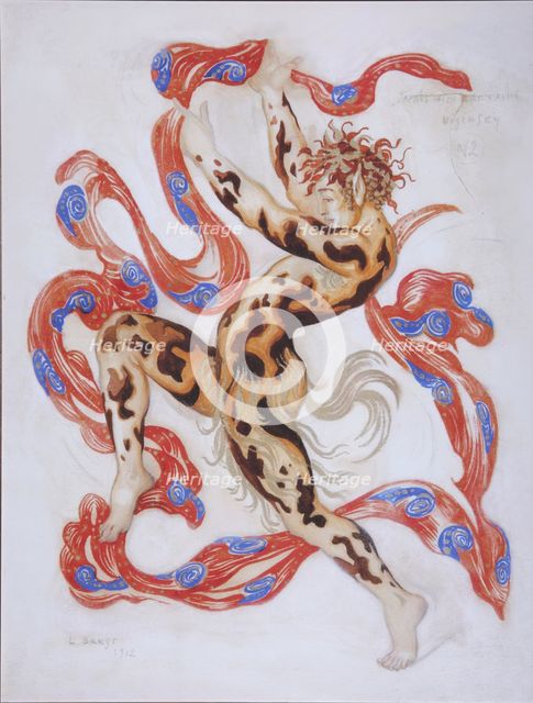 Vaslav Nijinsky in the Ballet The Afternoon of a Faun by C. Debussy. Artist: Bakst, Léon (1866-1924)