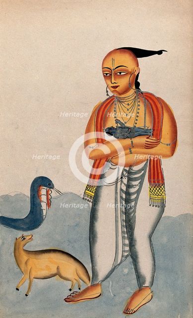 Vasudeva carrying a baby Krishna encountering a cobra and jackal. Creator: Unknown.