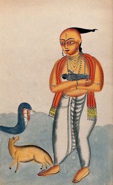 Vasudeva carrying a baby Krishna encountering a cobra and jackal. Creator: Unknown