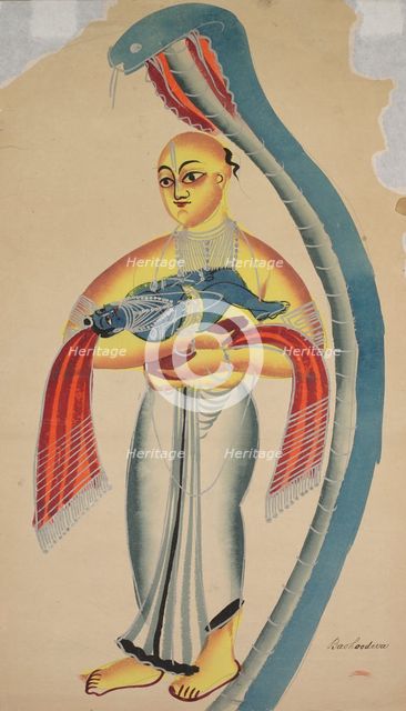 Vasudeva (Krishna's Father) Fleeing with the Infant Krishna Encounters a Cobra, 1800s. Creator: Unknown.
