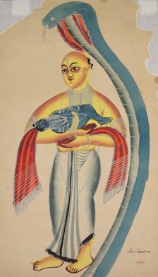 Vasudeva (Krishna's Father) Fleeing with the Infant Krishna Encounters a Cobra, 1800s. Creator: Unknown