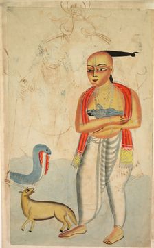 Vasudeva (Krishna's Father) Fleeing with Krishna Encounters a Cobra and a Jackal , 1800s. Creator: Unknown