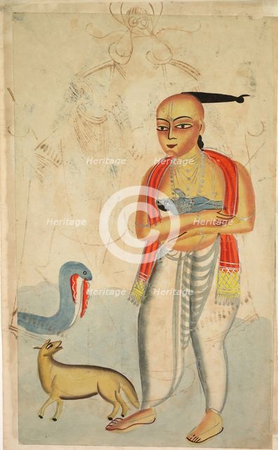 Vasudeva (Krishna's Father) Fleeing with Krishna Encounters a Cobra and a Jackal , 1800s. Creator: Unknown.