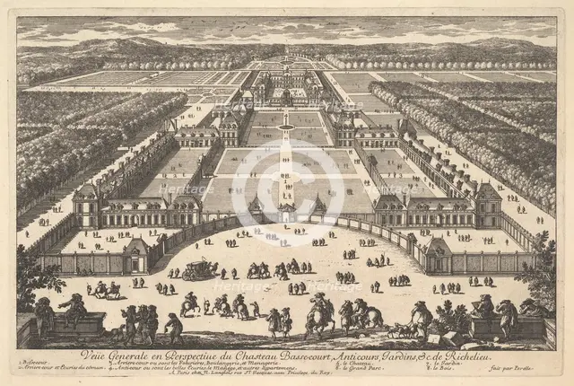 Veüe generale en Perspective du Château Bassecourt, Anticours, Jardins, &c. de Ric..., 17th century. Creator: Adam Perelle.