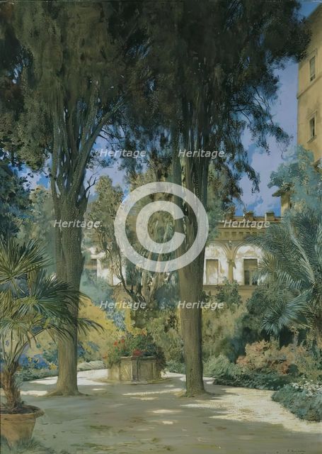 Vedute of the Embassy in Rome: Garden area with two cypresses, c1890/1900. Creator: Othmar Brioschi.
