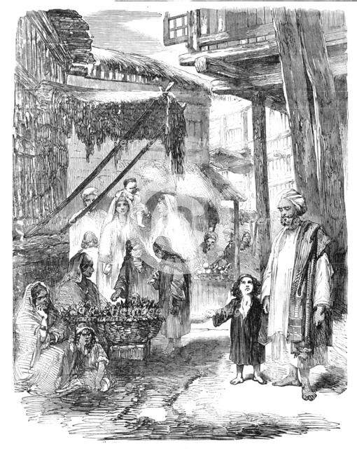 Vegetable Bazaar in Sirinagur, Cashmere, from a drawing by Mr. W. Carpenter, Jun., 1857. Creator: Unknown.