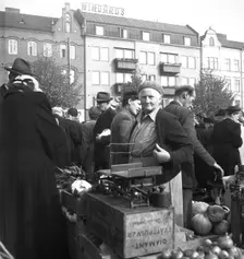 Vegetable stall in the market, Malmö, Sweden, 1947. Creator: Otto Ohm