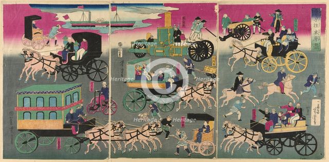 Vehicles on the Streets of Tokyo (Tokyo orai kuruma zukushi), 1870. Creator: Utagawa Yoshitora.