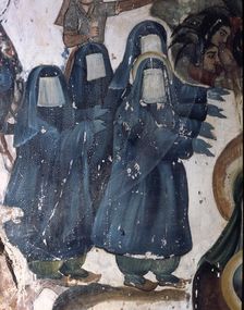 Veiled women in mourning dresses, for the death of their husbands in combat, 17th century murals