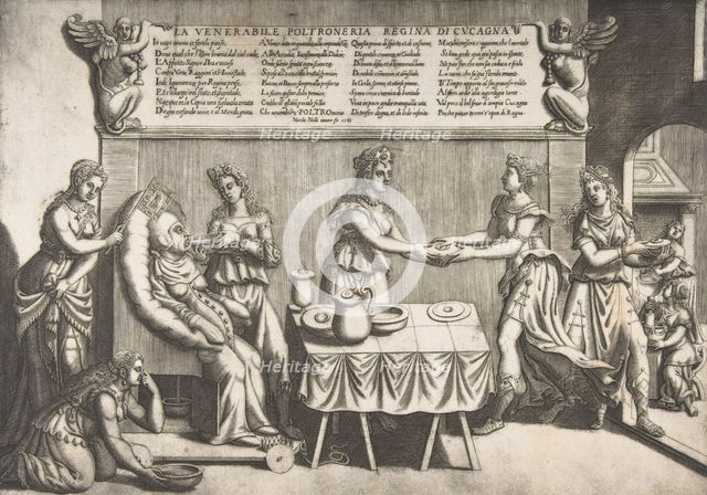 Venerable Idleness, Queen of Cockaigne; a fat woman seated on a movable toilet chair being..., 1565. Creator: Nicolo Nelli.