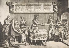 Venerable Idleness, Queen of Cockaigne; a fat woman seated on a movable toilet chair being..., 1565. Creator: Nicolo Nelli