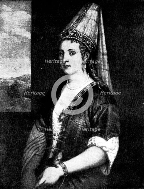 Venetian Art at the New Gallery: Portrait of Caterina Cornaro, Queen of Cyprus - by Titian, 1895. Creator: Unknown.