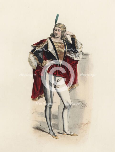 Venetian Noble from the Middle Ages, color engraving 1870.