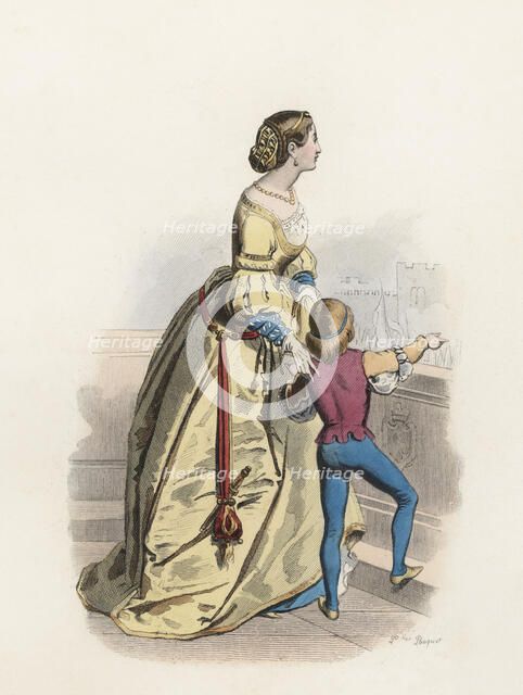 Venetian young woman and child in the Modern Age, color engraving 1870.