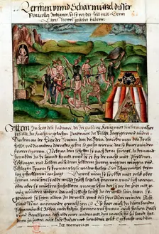 Venezuelans attacking Spanish conquistadors, c16th century. Artist: Hieronyouse Koler